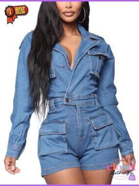 Women's Casual Denim Romper Short Sleeve Button Down Onesie with Pockets
